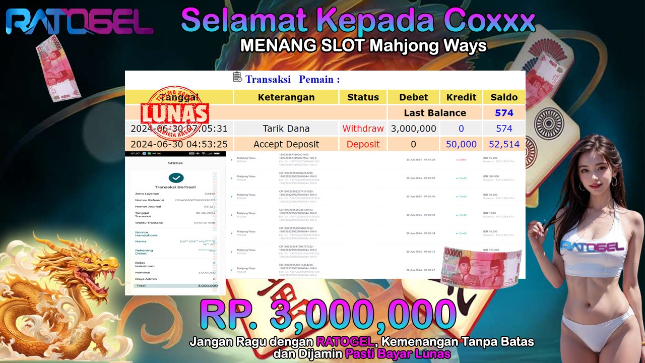 BUKTI JACKPOT SLOT MAHJONG WAYS TERPERCAYA DI INDONESIA TGL 30-06-2024