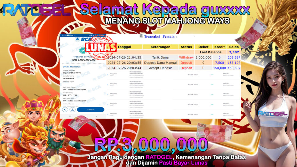 BUKTI JACKPOT SLOT MAHJONG WAYS TERPERCAYA DI INDONESIA TGL 26-07-2024