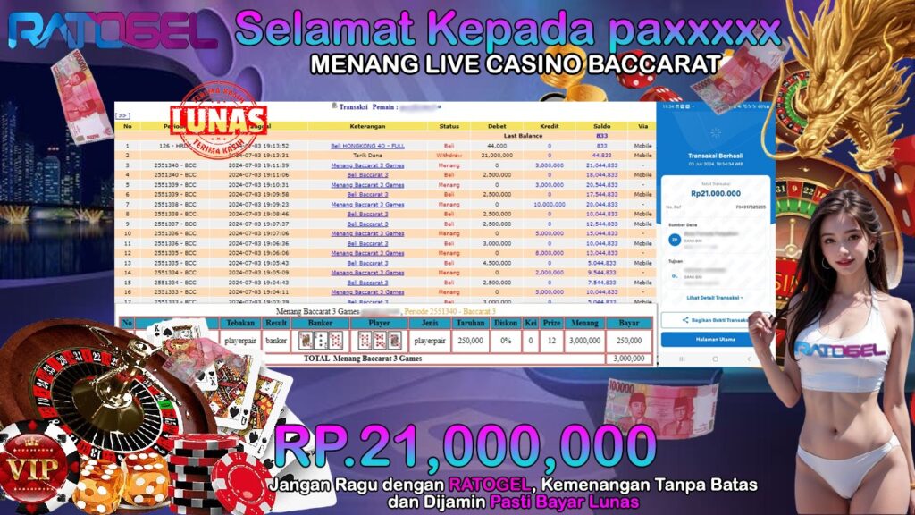 BUKTI JACKPOT LIVE CASINO BACCARAT TERPERCAYA DI INDONESIA TGL 03-07-2024