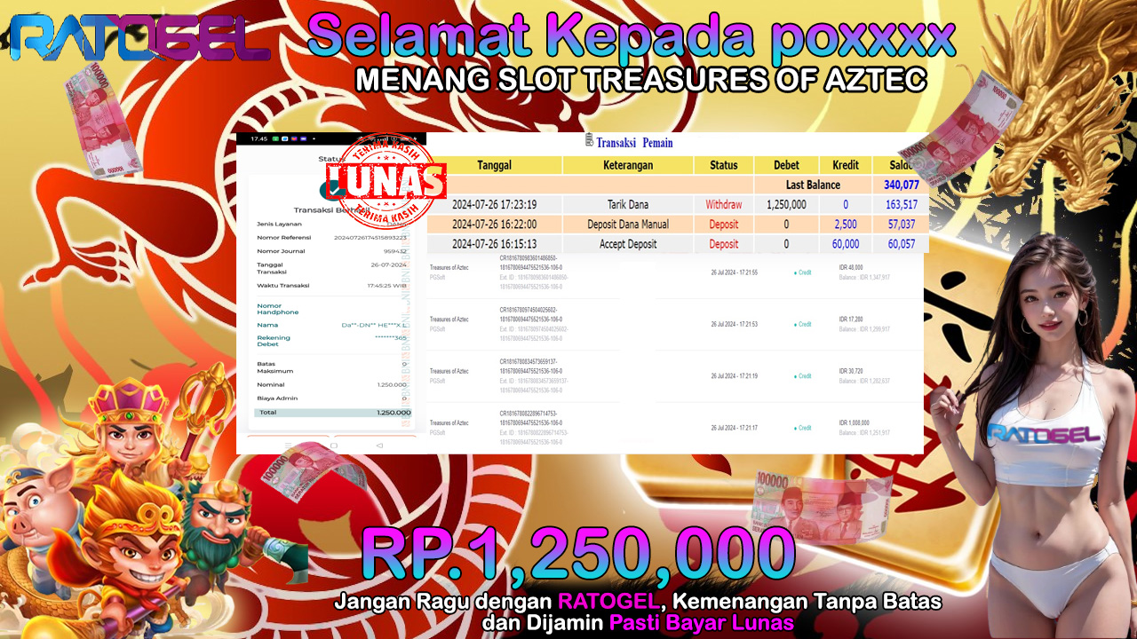 BUKTI JACKPOT SLOT TREASURES OF AZTEC TERPERCAYA DI INDONESIA TGL 26-07-2024