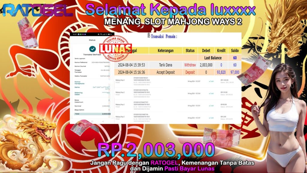 BUKTI JACKPOT SLOT MAHJONG WAYS 2 TERPERCAYA DI INDONESIA TGL 04-08-2024