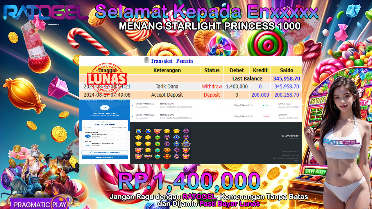 BUKTI JACKPOT SLOT STARLIGHT PRINCESS 1000 TERPERCAYA DI INDONESIA TGL 17-08-2024