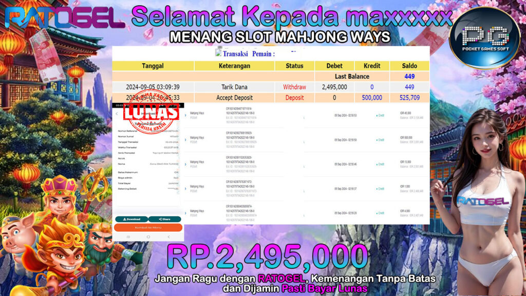 BUKTI JACKPOT SLOT MAHJONG WAYS TERPERCAYA DI INDONESIA TGL 05-09-2024