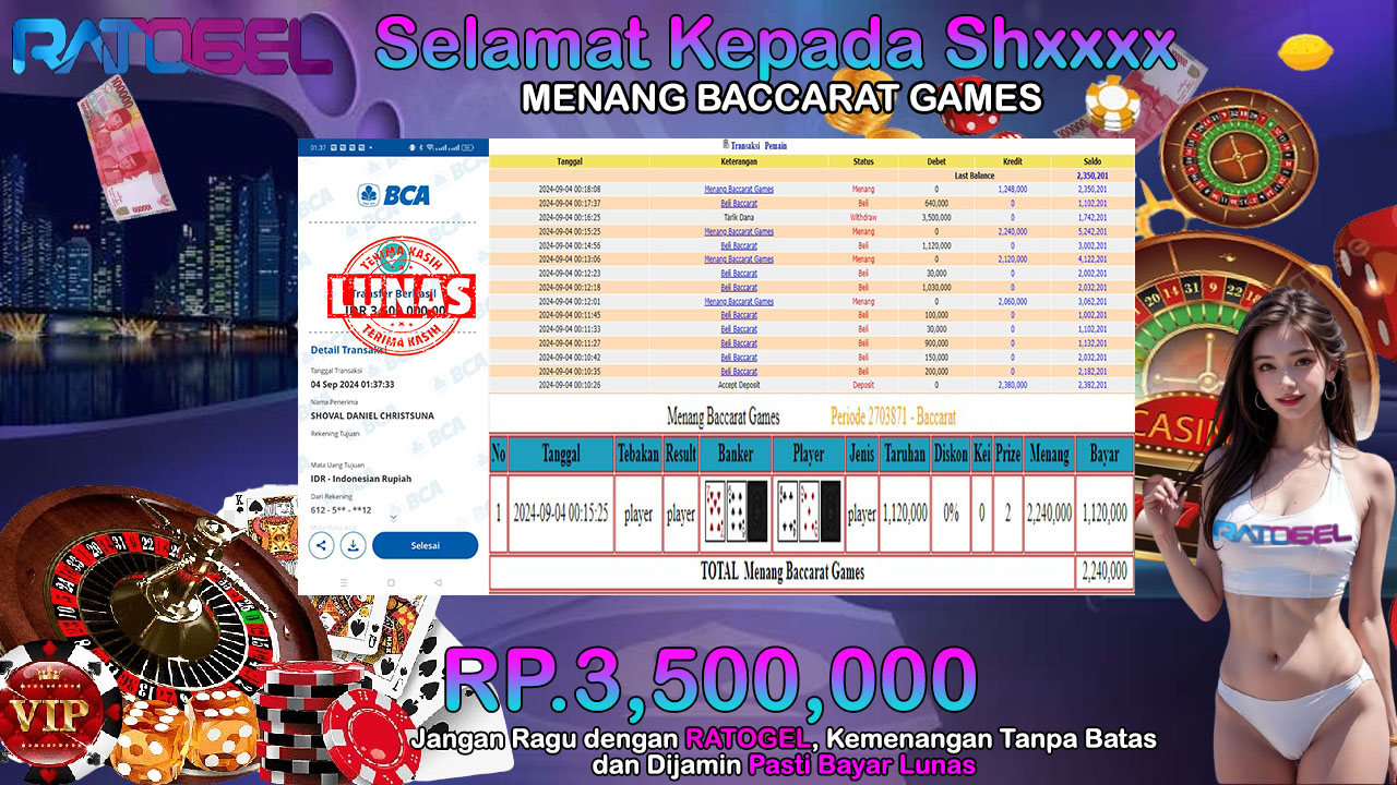 BUKTI JACKPOT BACCARAT GAMES  TERPERCAYA DI INDONESIA TGL 04-09-2024